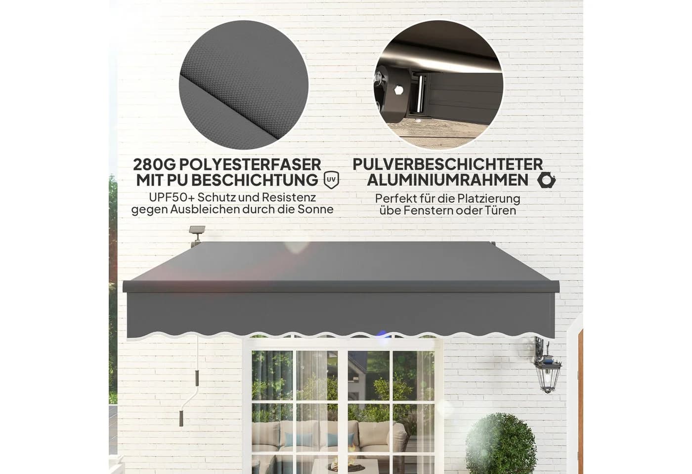 Outsunny Markise mit Handkurbel und Solar-LEDs Grau - Bild 5