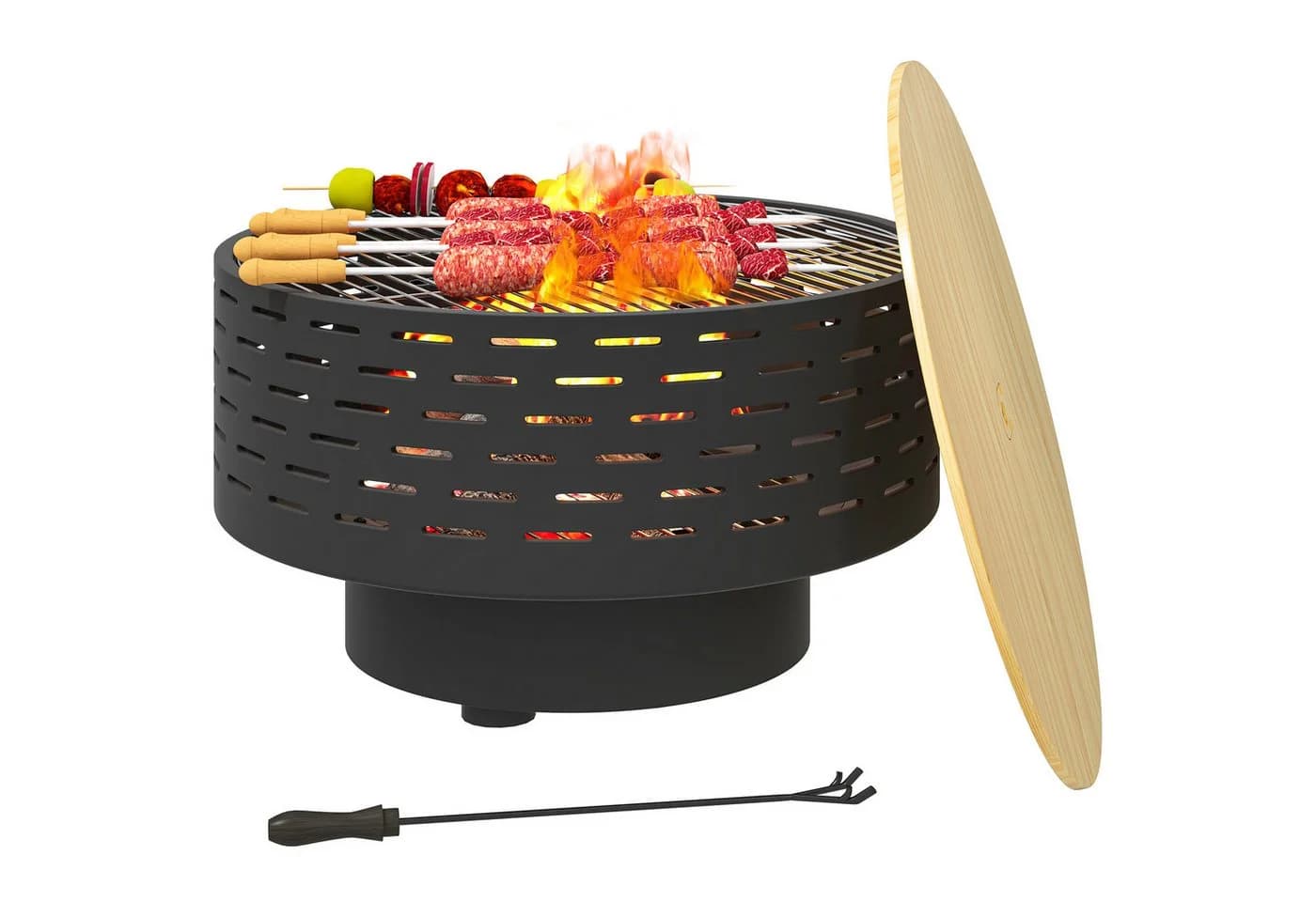 Outsunny Feuerschale Ø60 x 39cm mit Grillrost, Schürhaken, Funkenschutz in Holzoptik, 3-in-1 Feuerstelle, Kohlegrau - Bild 2