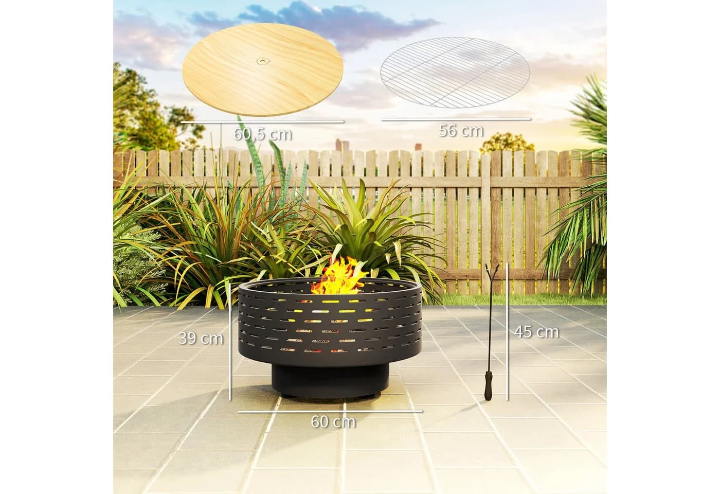 Outsunny Feuerschale Ø60 x 39cm mit Grillrost, Schürhaken, Funkenschutz in Holzoptik, 3-in-1 Feuerstelle, Kohlegrau - Bild 3