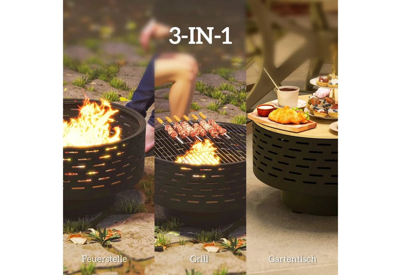 Outsunny Feuerschale Ø60 x 39cm mit Grillrost, Schürhaken, Funkenschutz in Holzoptik, 3-in-1 Feuerstelle, Kohlegrau - Bild 4