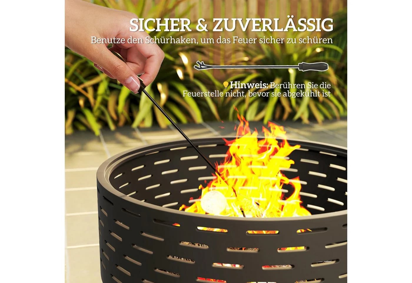 Outsunny Feuerschale Ø60 x 39cm mit Grillrost, Schürhaken, Funkenschutz in Holzoptik, 3-in-1 Feuerstelle, Kohlegrau - Bild 5