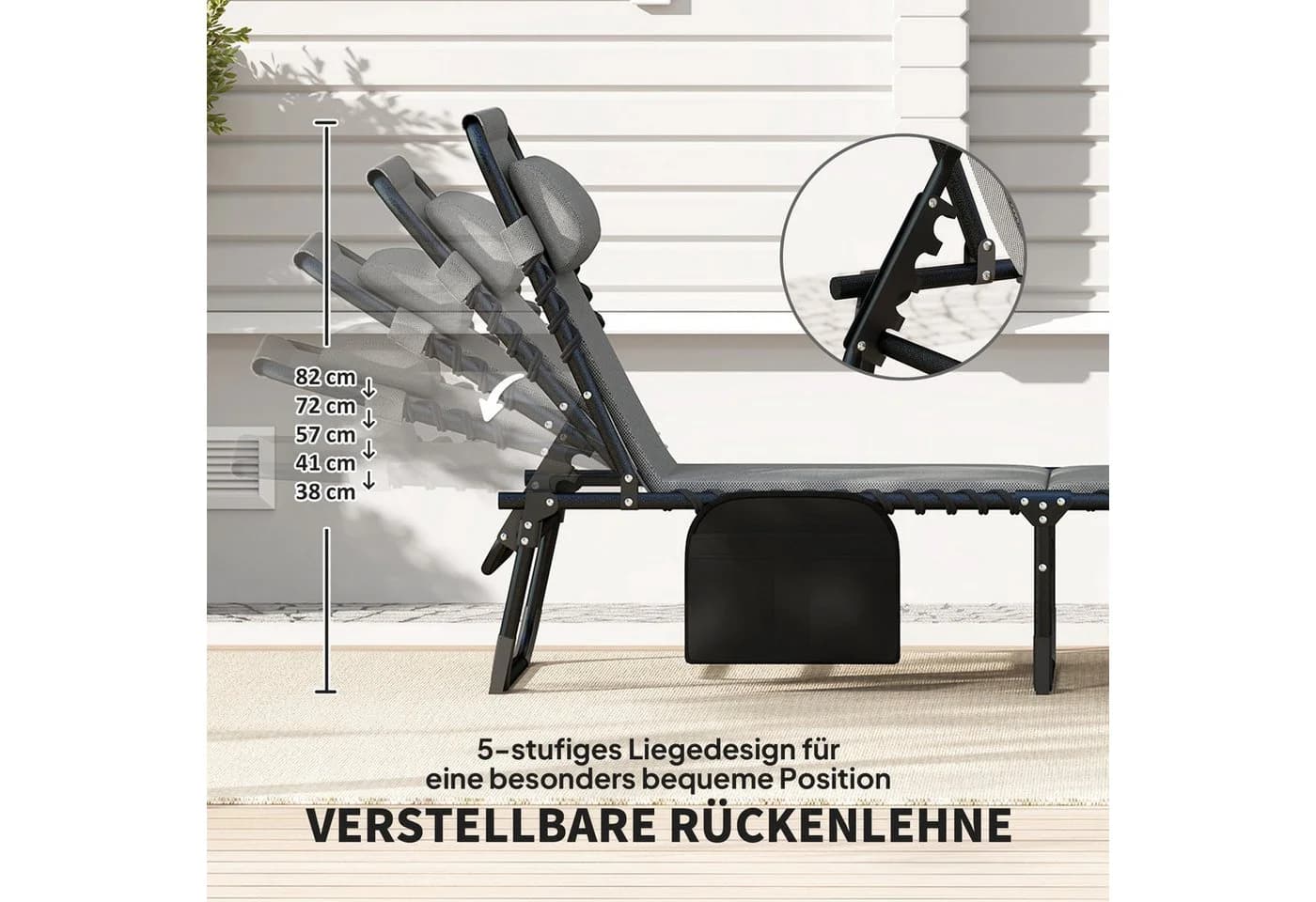 Outsunny Gartenliege mit Seitentasche, Kopfkissen, 5-Fach verstellbare Rückenlehne, Sonnenliege klappbar, Dunkelgrau - Bild 4
