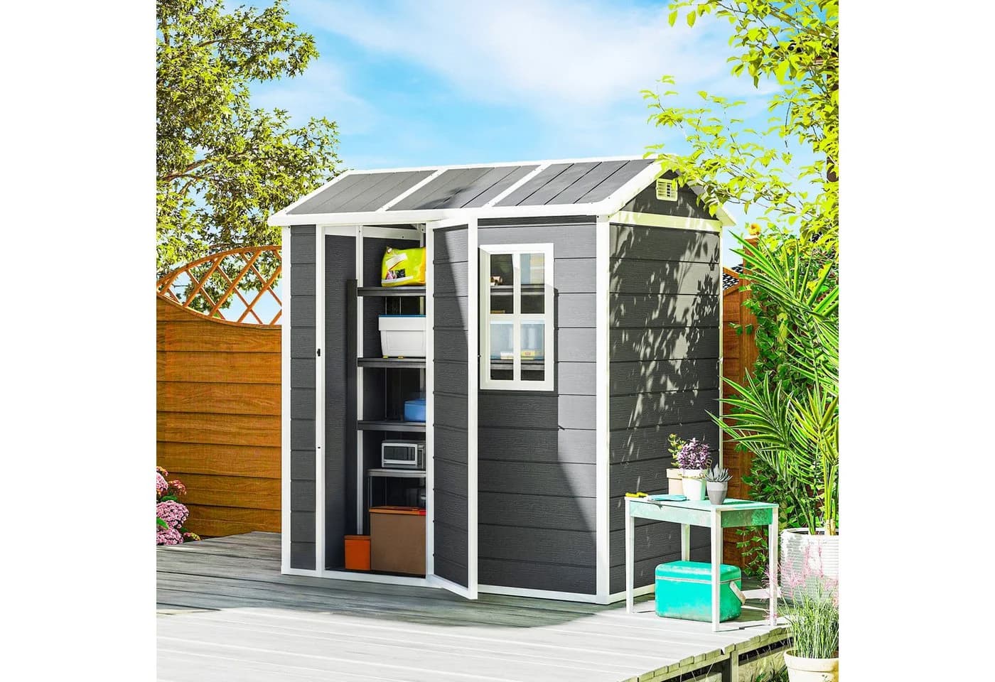 Outsunny Gerätehaus 2,1m² Grau mit Satteldach und Boden - Bild 2