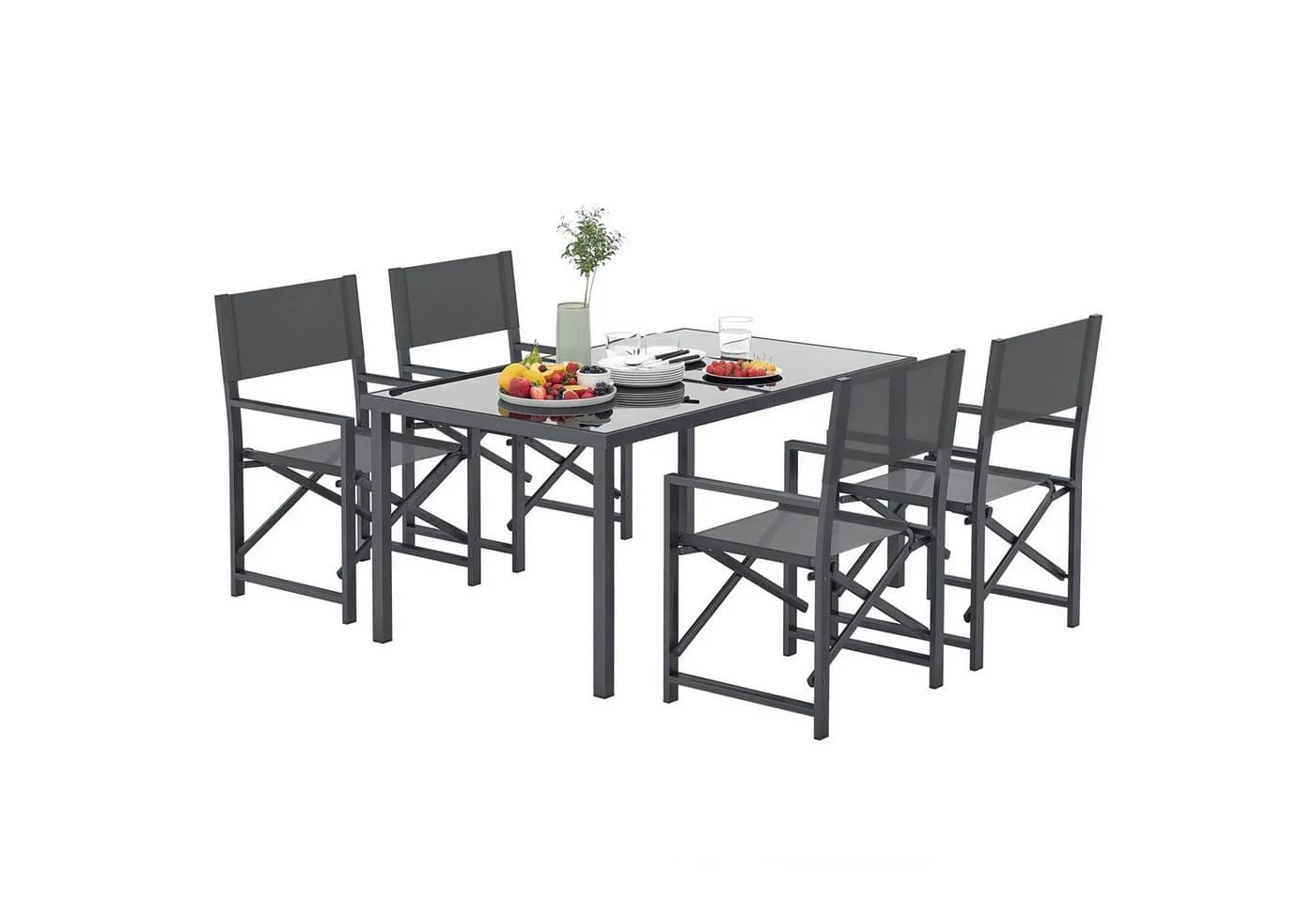 Outsunny Garten-Essgruppe 5-tlg. Grau mit Glastisch und klappbaren Stühlen