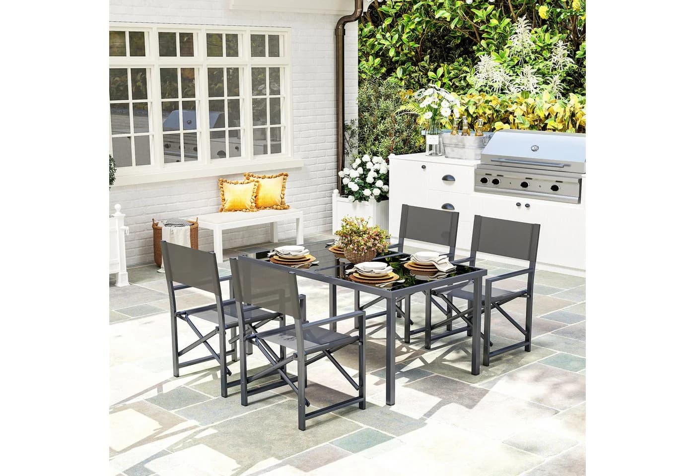 Outsunny Garten-Essgruppe 5-tlg. Grau mit Glastisch und klappbaren Stühlen - Bild 2
