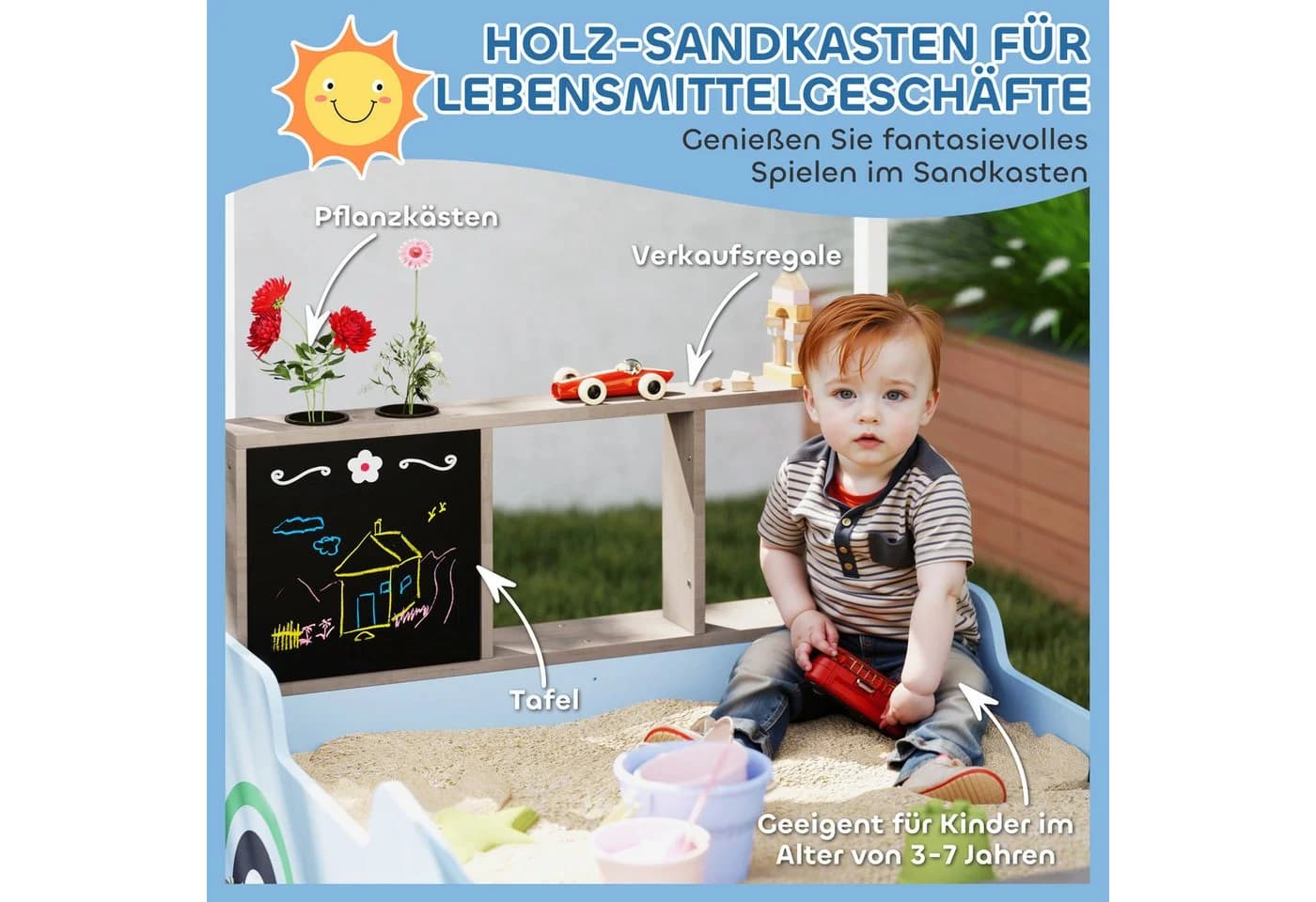 AIYAPLAY Sandkasten mit Sitzbank, Zeichentafel und Pflanzkästen Blau - Bild 4