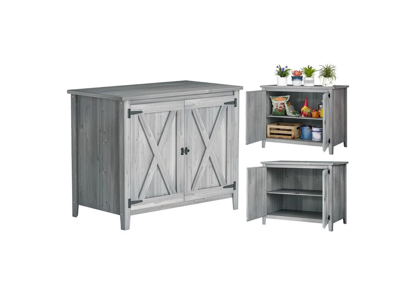 Outsunny Gartenschrank aus Holz Hellgrau mit Tür und Regal