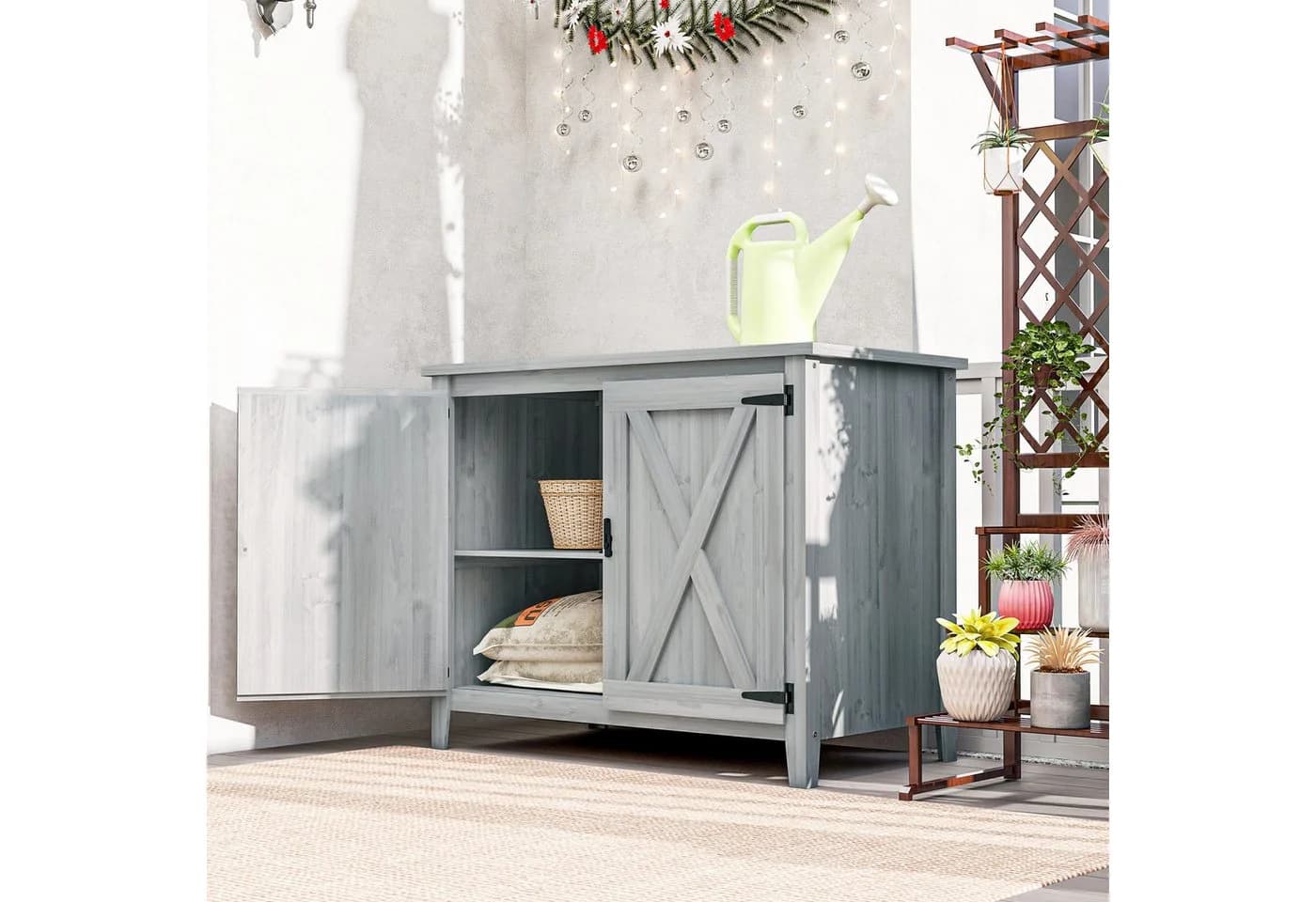 Outsunny Gartenschrank aus Holz Hellgrau mit Tür und Regal - Bild 2