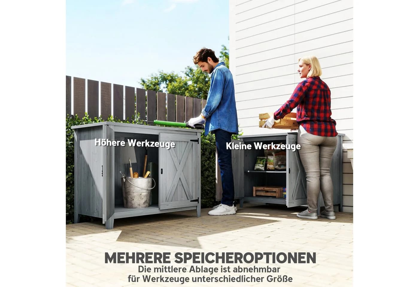 Outsunny Gartenschrank aus Holz Hellgrau mit Tür und Regal - Bild 4