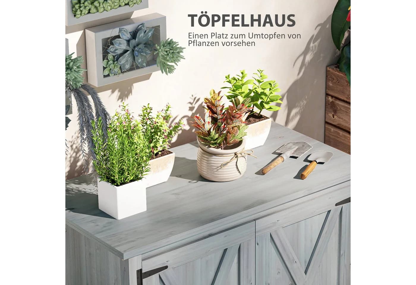Outsunny Gartenschrank aus Holz Hellgrau mit Tür und Regal - Bild 5