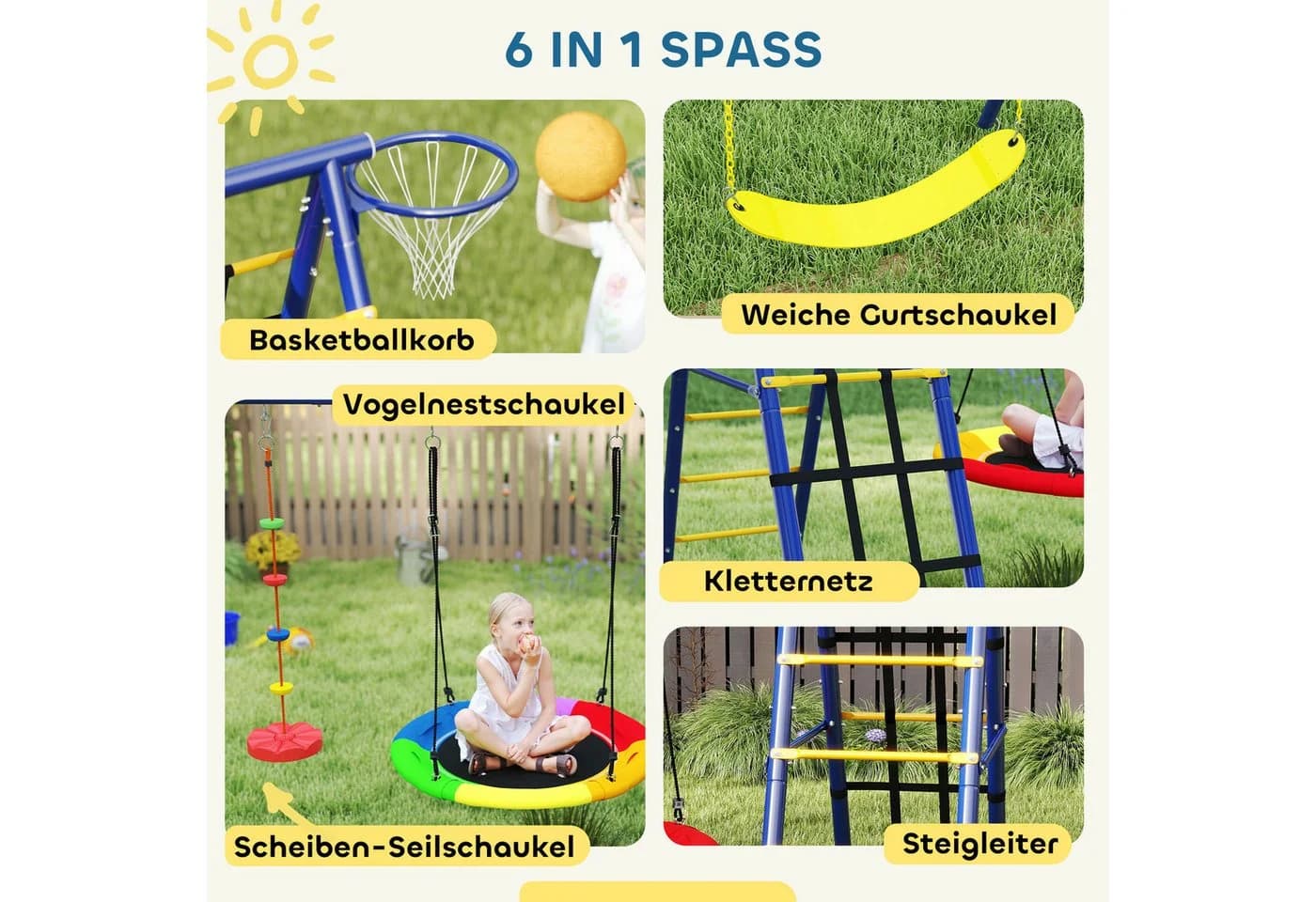 AIYAPLAY 5-in-1 Schaukelset mit Klettergerüst und Basketballkorb - Bild 4