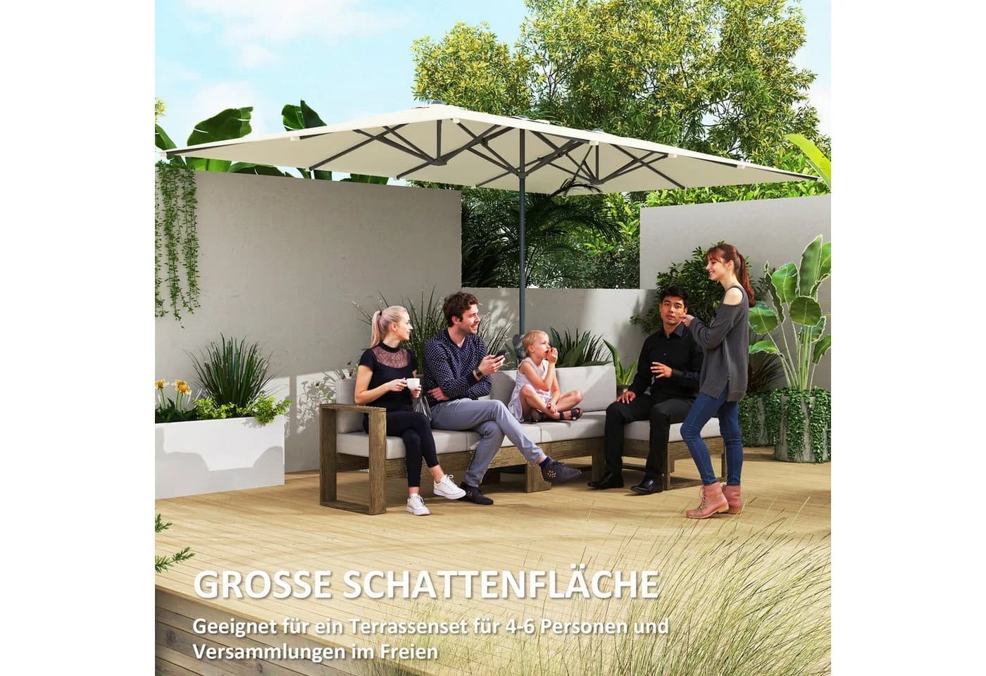 Outsunny Doppelsonnenschirm mit Kurbel UV-Schutz 50+ Cremeweiß - Bild 4