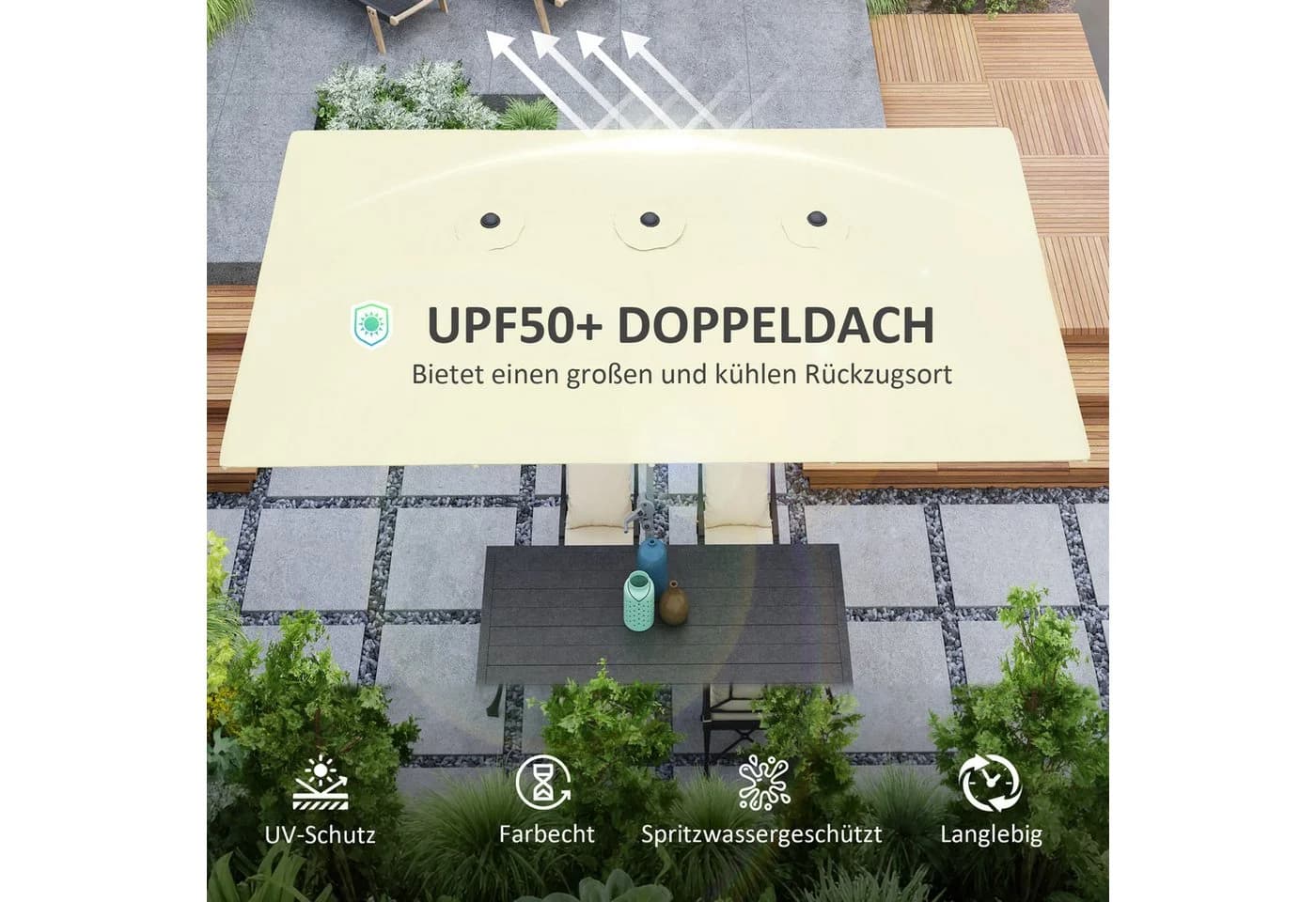 Outsunny Doppelsonnenschirm mit Kurbel UV-Schutz 50+ Cremeweiß - Bild 5