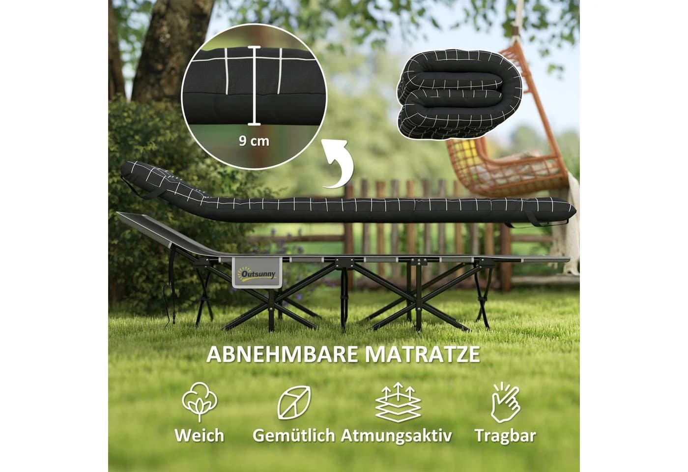 Outsunny Klappbares Campingbett Schwarz mit Matratze - Bild 4