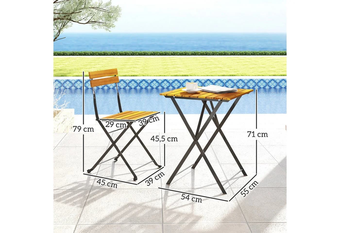 Outsunny Balkonset klappbar mit 2 Stühlen und Tisch, Akazienholz & Stahl, Teak - Bild 3