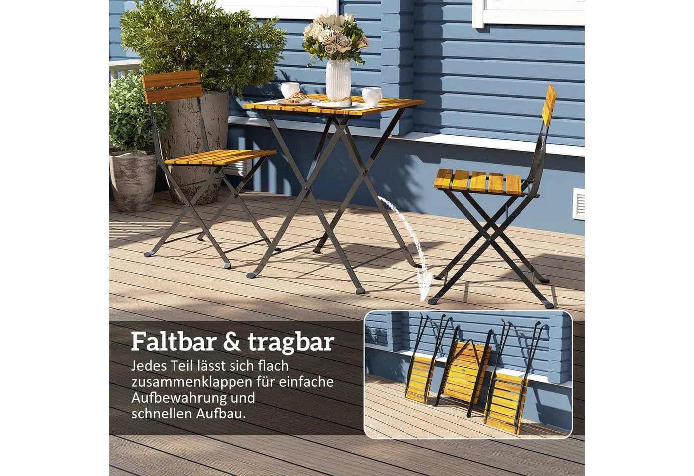 Outsunny Balkonset klappbar mit 2 Stühlen und Tisch, Akazienholz & Stahl, Teak - Bild 4