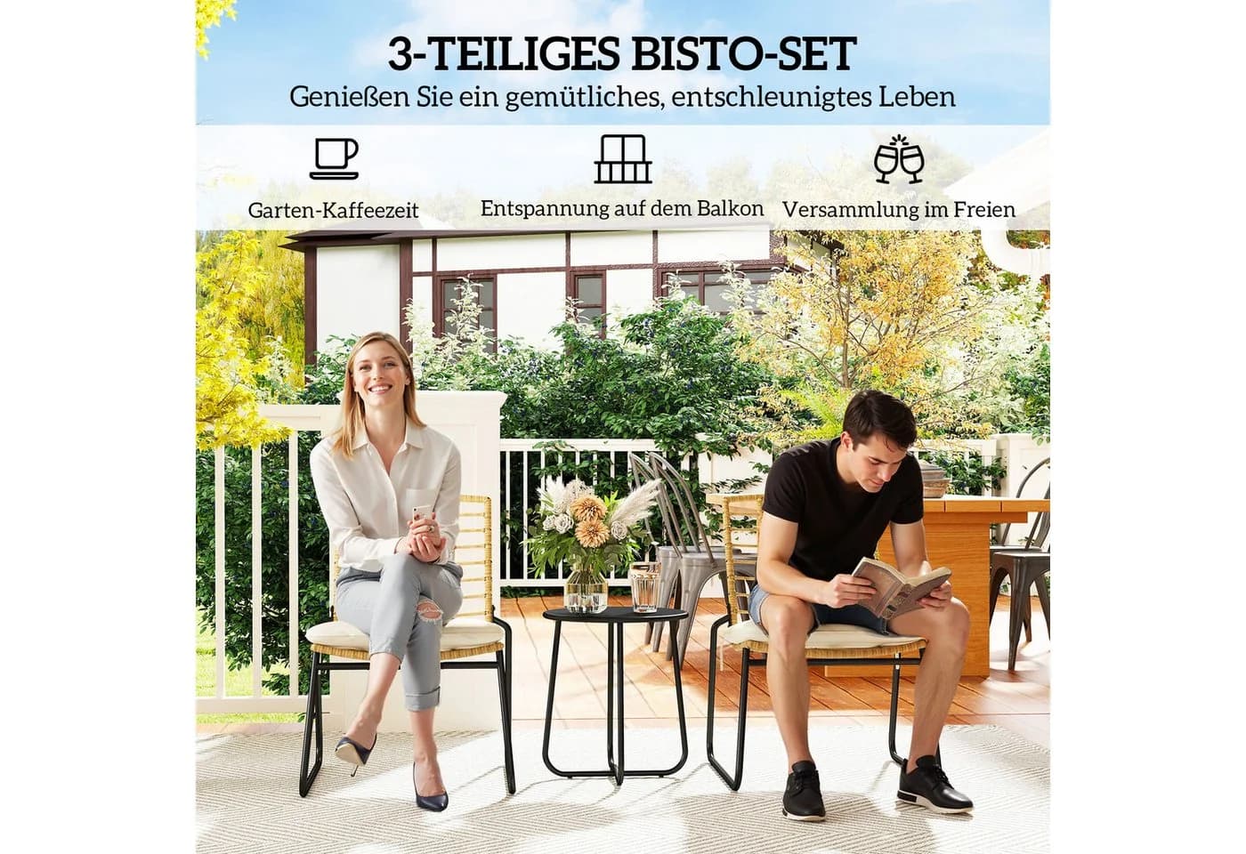Outsunny Gartenlounge-Set 3-teilig Beige/Braun Stapelbar - Bild 4