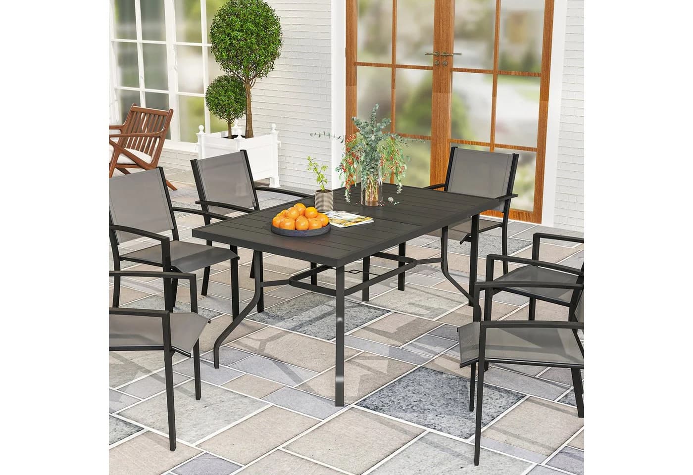 Outsunny Gartentisch Schwarz mit Schirmloch Lattendesign