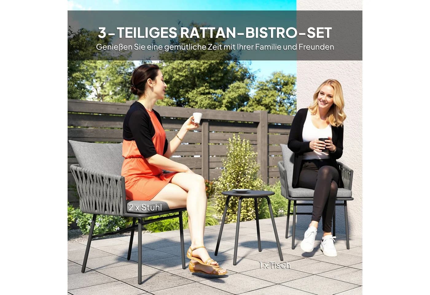Outsunny 3-tlg. Bistroset Grau PE-Rattan mit Kissen - Bild 4