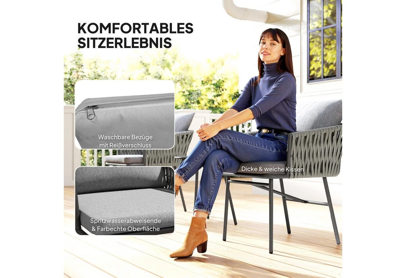 Outsunny 3-tlg. Bistroset Grau PE-Rattan mit Kissen - Bild 5