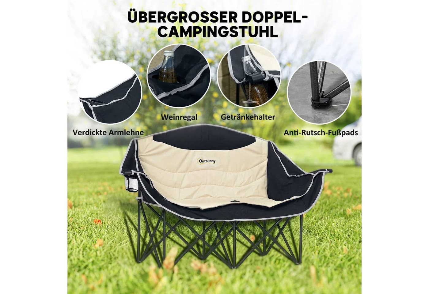Outsunny 2-Sitzer Campingstuhl Khaki mit Getränkehalter und Tragetasche - Bild 4
