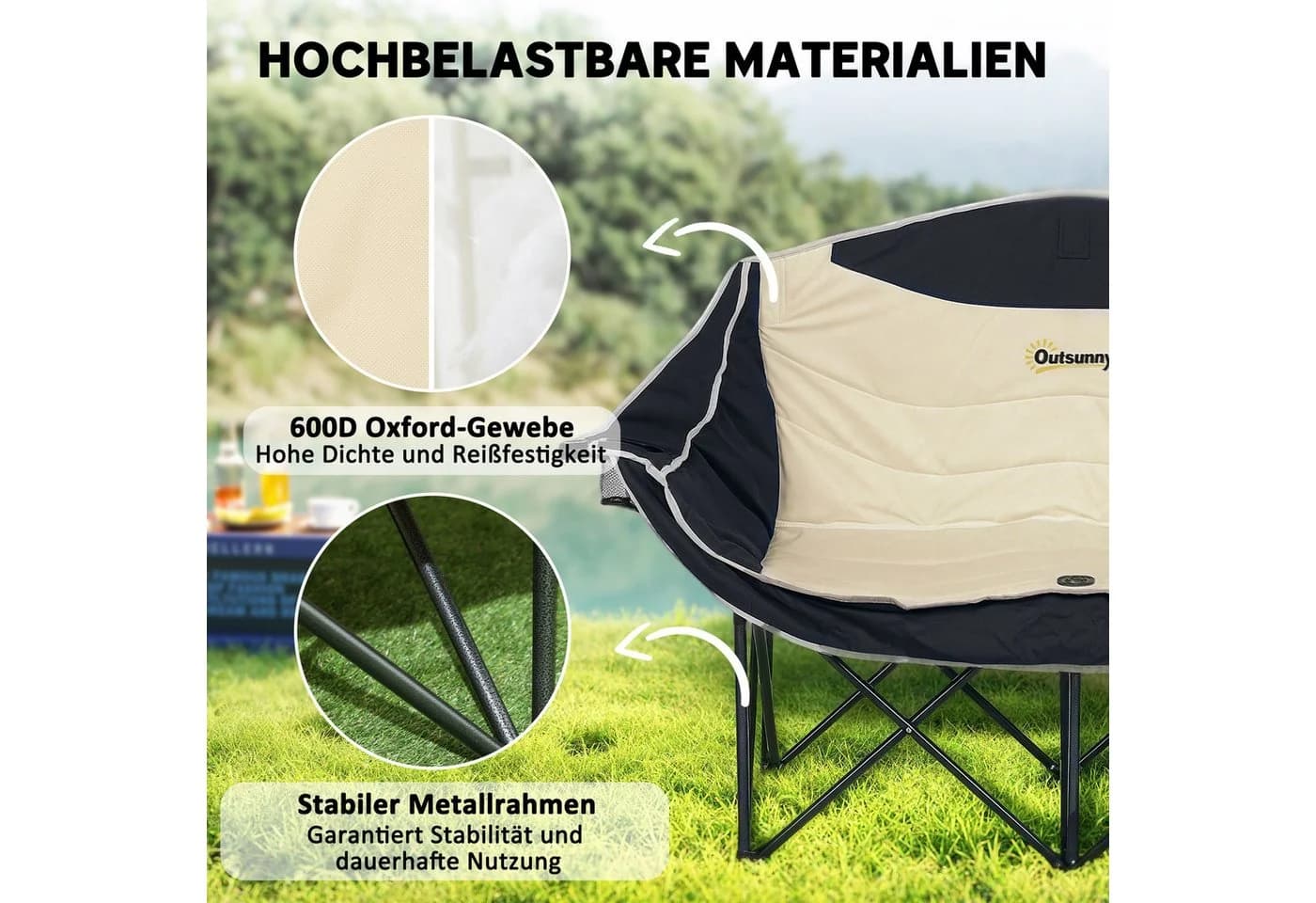 Outsunny 2-Sitzer Campingstuhl Khaki mit Getränkehalter und Tragetasche - Bild 5