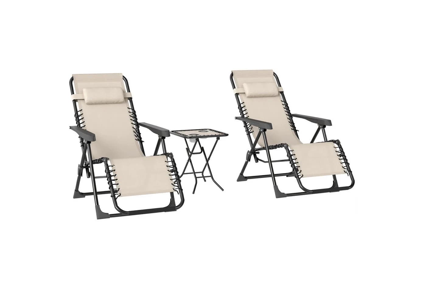 Outsunny Gartenliege mit Teetisch, 2 Stühle, Kopfkissen, 3-TLG. Sonnenliege, wetterfest Relaxliege, für Garten, Terrasse, Beige