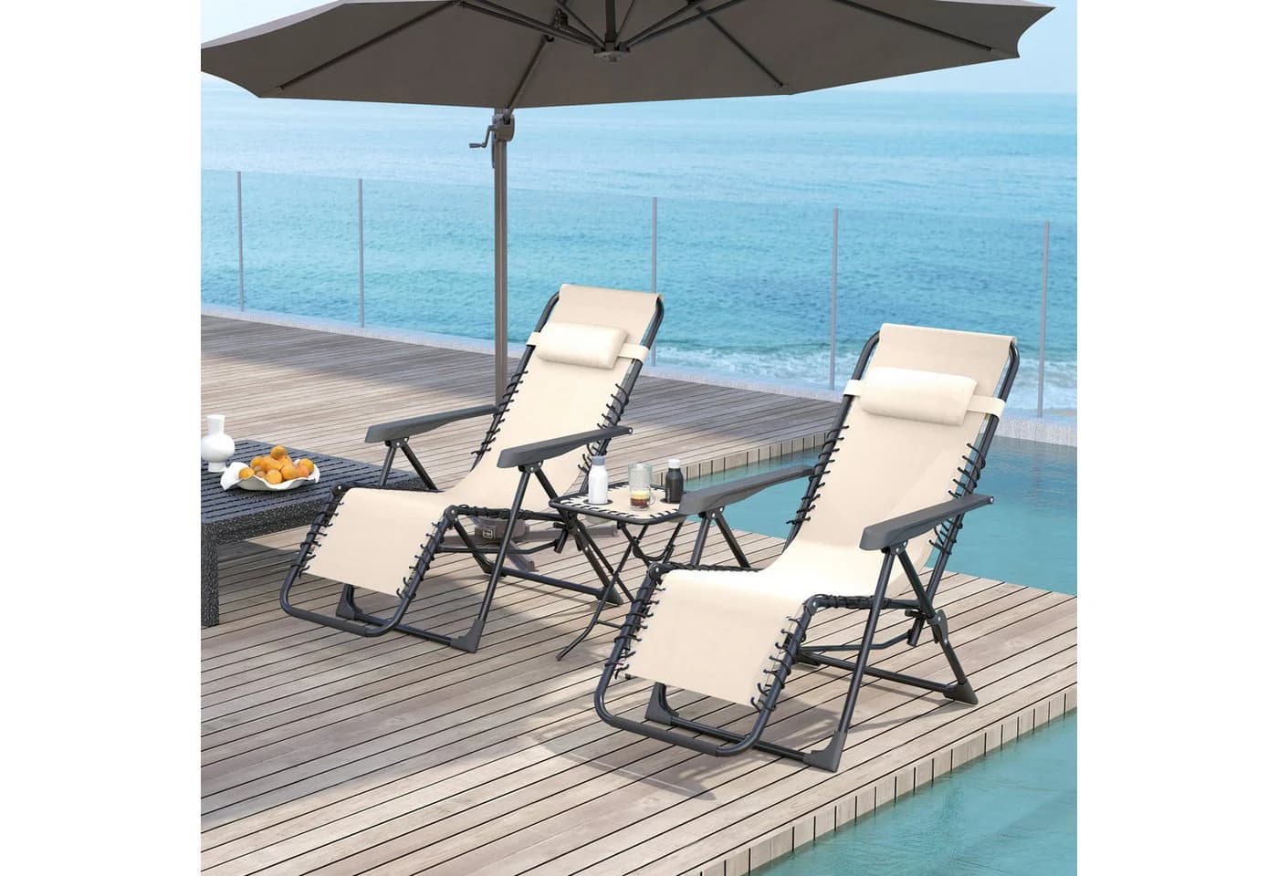 Outsunny Gartenliege mit Teetisch, 2 Stühle, Kopfkissen, 3-TLG. Sonnenliege, wetterfest Relaxliege, für Garten, Terrasse, Beige - Bild 2