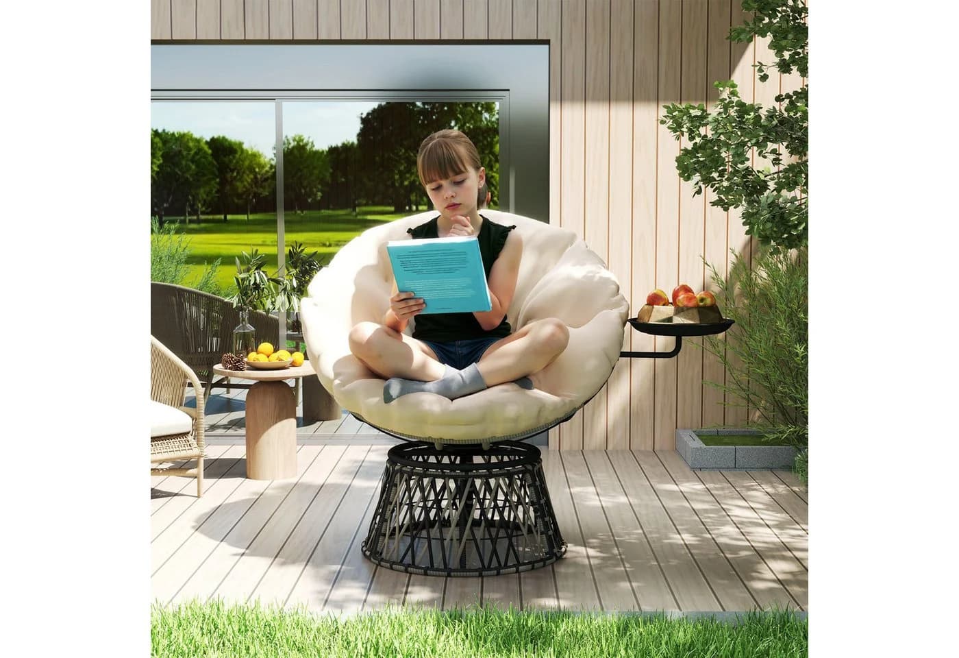 Outsunny Gartensessel mit Kissen 360° drehbar Rattan 90 cm Beige