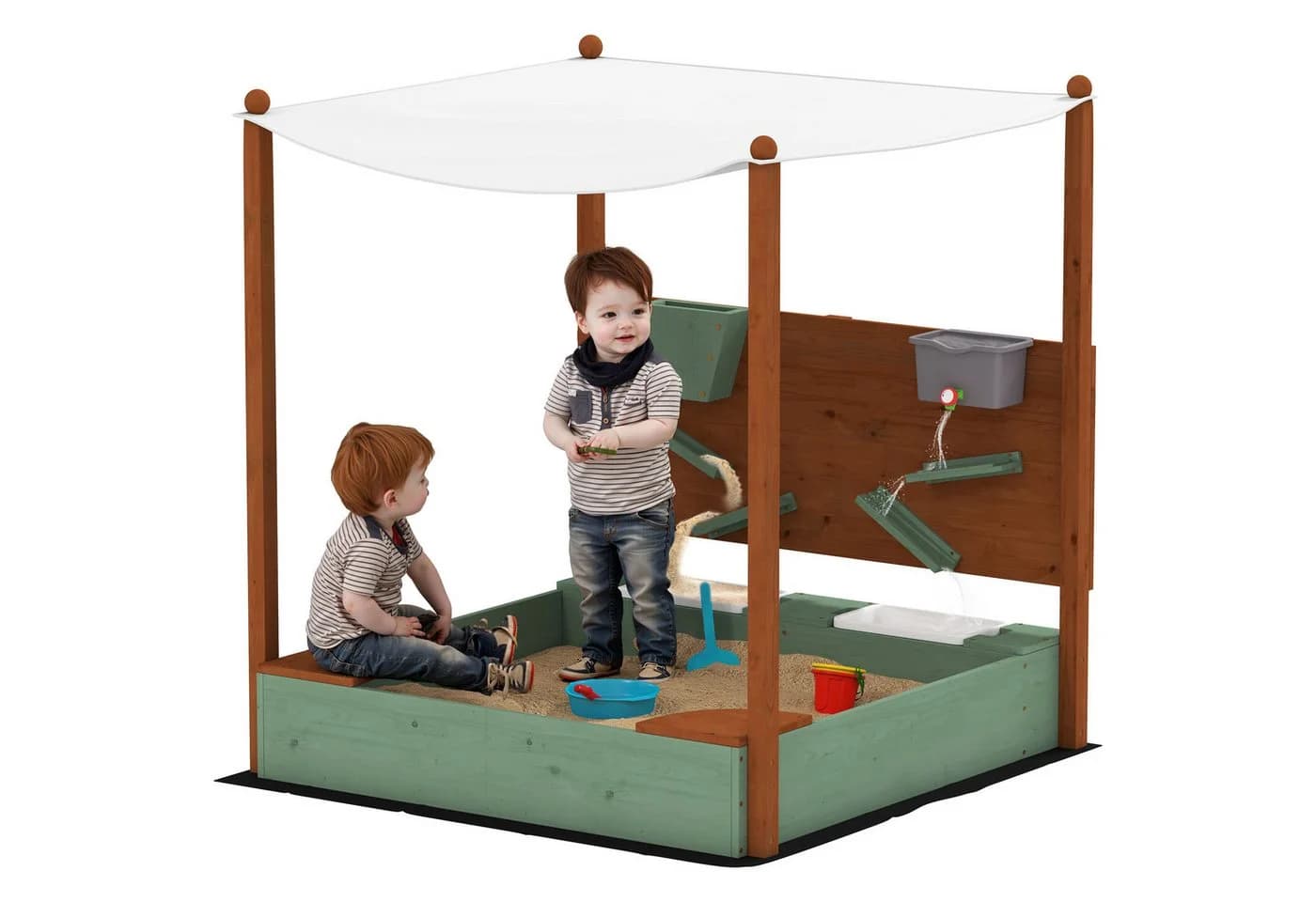 AIYAPLAY Sandkasten mit Sitzfläche, 2 Behältern, Sand- und Wasserspielzeug, Eimer, für 3-6 Jahre Kinder Grün