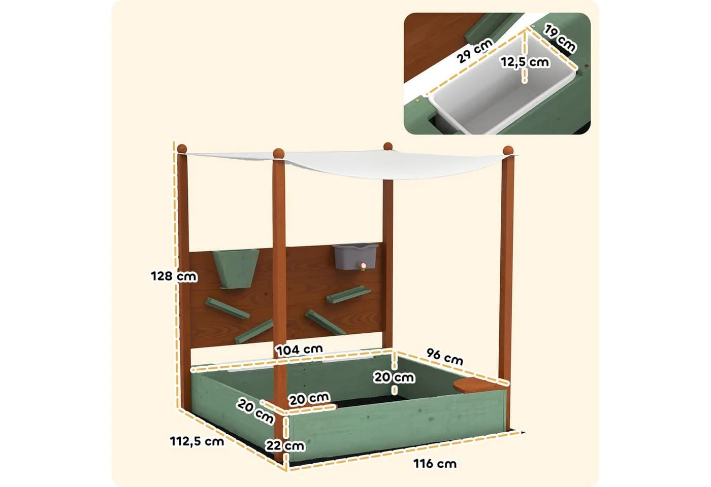 AIYAPLAY Sandkasten mit Sitzfläche, 2 Behältern, Sand- und Wasserspielzeug, Eimer, für 3-6 Jahre Kinder Grün - Bild 3