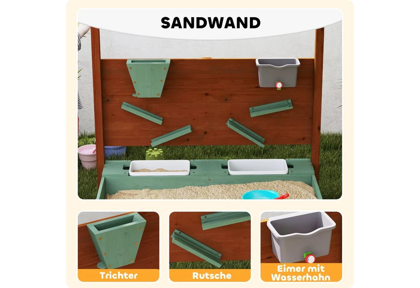 AIYAPLAY Sandkasten mit Sitzfläche, 2 Behältern, Sand- und Wasserspielzeug, Eimer, für 3-6 Jahre Kinder Grün - Bild 4