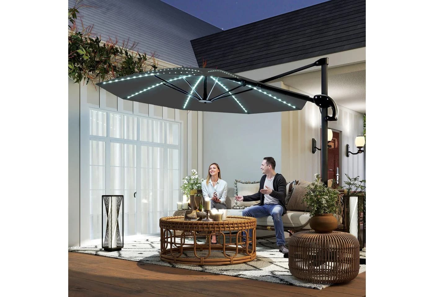 Outsunny Sonnenschirm mit Solar LED, Kurbel, Ständer, UV50+, 360° drehbar, 300x300 cm, Alu Ampelschirm, höhenverstellbar Marktschirm, Sonnenschutz für Garten, Balkon, Dunkelgrau - Bild 2