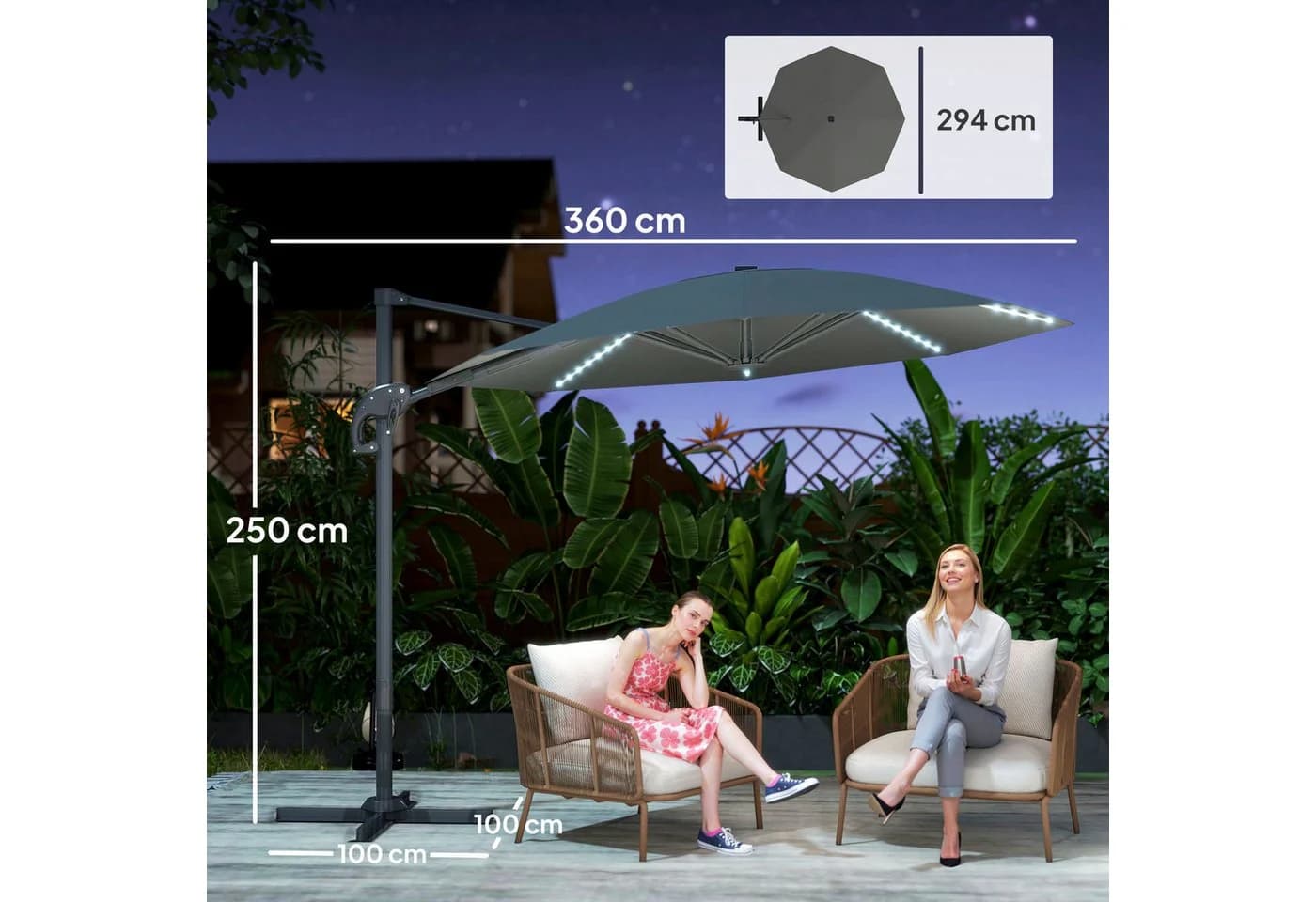 Outsunny Sonnenschirm mit Solar LED, Kurbel, Ständer, UV50+, 360° drehbar, 300x300 cm, Alu Ampelschirm, höhenverstellbar Marktschirm, Sonnenschutz für Garten, Balkon, Dunkelgrau - Bild 3