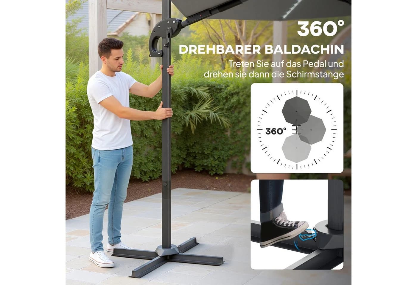 Outsunny Sonnenschirm mit Solar LED, Kurbel, Ständer, UV50+, 360° drehbar, 300x300 cm, Alu Ampelschirm, höhenverstellbar Marktschirm, Sonnenschutz für Garten, Balkon, Dunkelgrau - Bild 4
