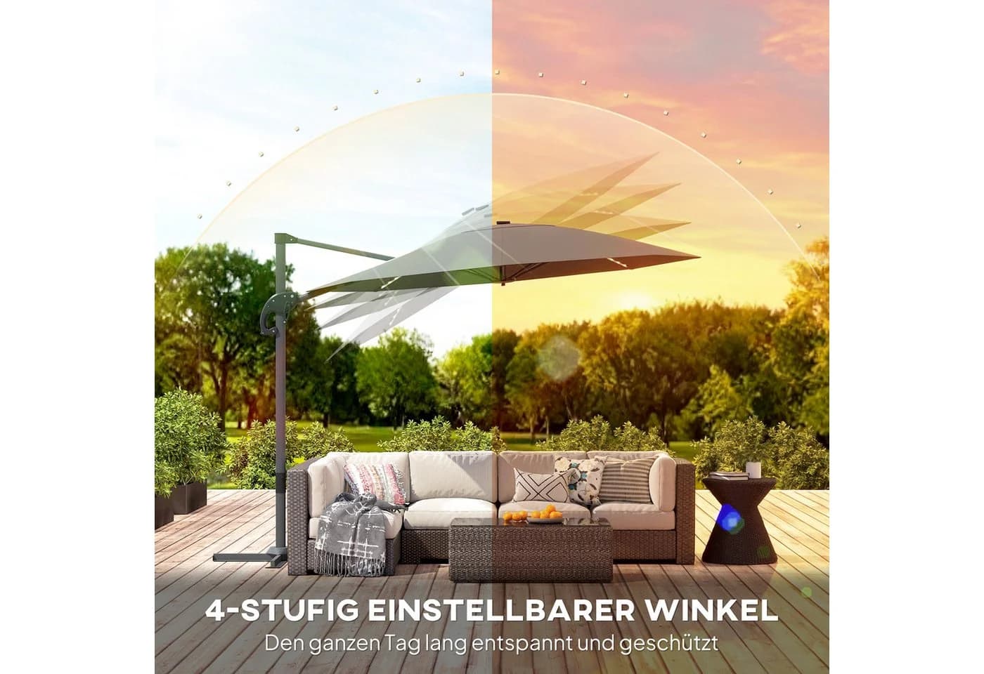 Outsunny Sonnenschirm mit Solar LED, Kurbel, Ständer, UV50+, 360° drehbar, 300x300 cm, Alu Ampelschirm, höhenverstellbar Marktschirm, Sonnenschutz für Garten, Balkon, Dunkelgrau - Bild 5