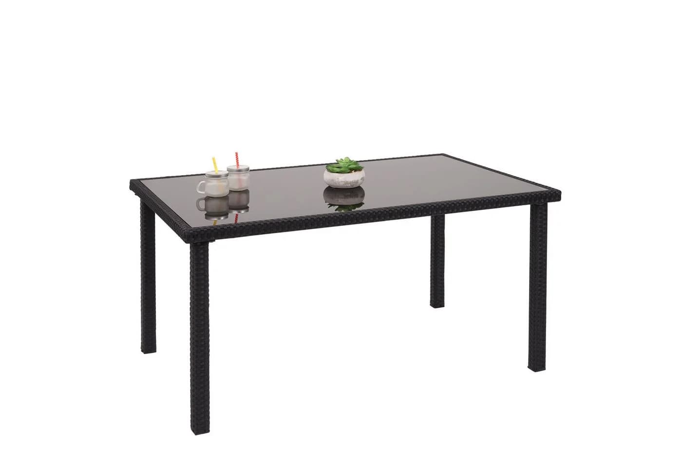 PROREGAL® Gartentisch Poly-Rattan Schwarz mit Glasplatte