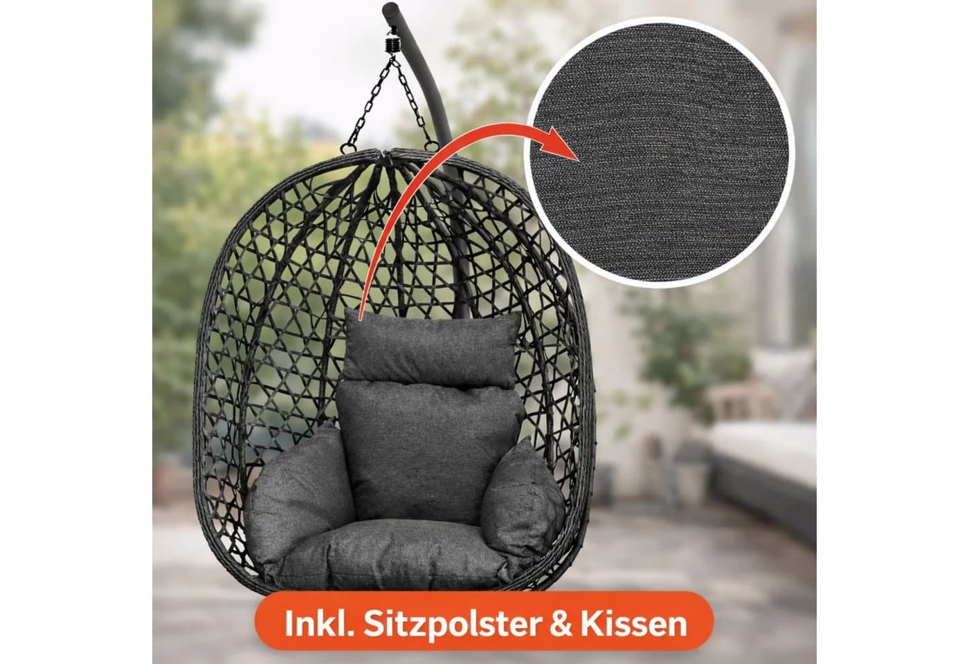 BURI Hängesessel Anthrazit mit Kissen & Metallgestell