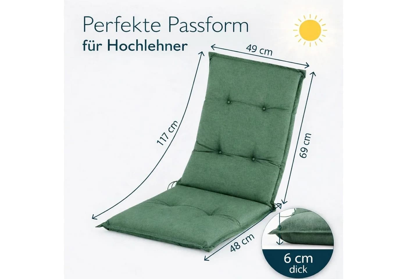 BURI Hochlehnerauflage Grün 117x49x6 cm Schaumkern