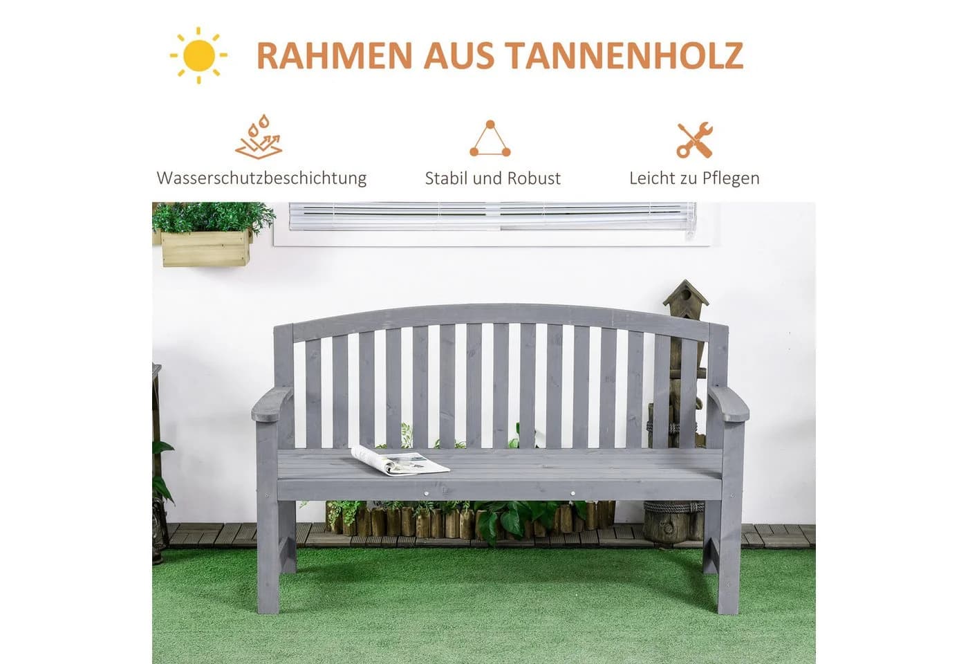 Outsunny Gartenbank mit Rückenlehnen Grau - Bild 5