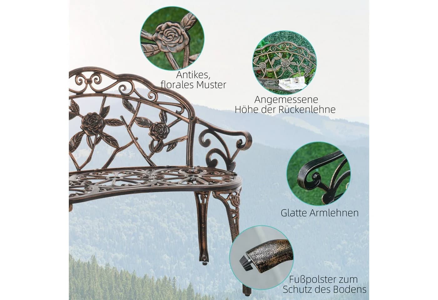 Outsunny Gartenbank Retro Stil mit Blumenmuster Bronze - Bild 5