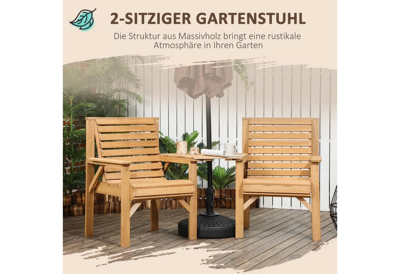 Outsunny Balkonset 3-tlg. Braun Tannenholz Lamellendesign Sonnenschirmloch - Bild 4