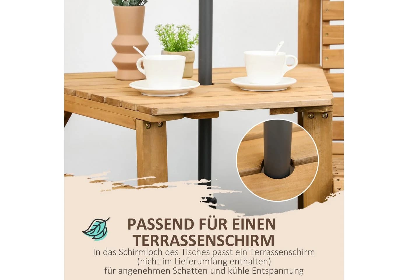 Outsunny Balkonset 3-tlg. Braun Tannenholz Lamellendesign Sonnenschirmloch - Bild 5