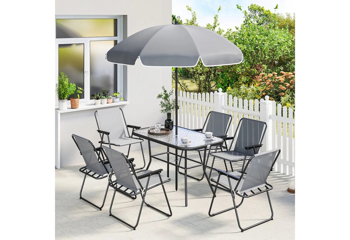 Outsunny Garten-Essgruppe 8-tlg. Grau Schwarz mit Klappstühlen - Bild 2