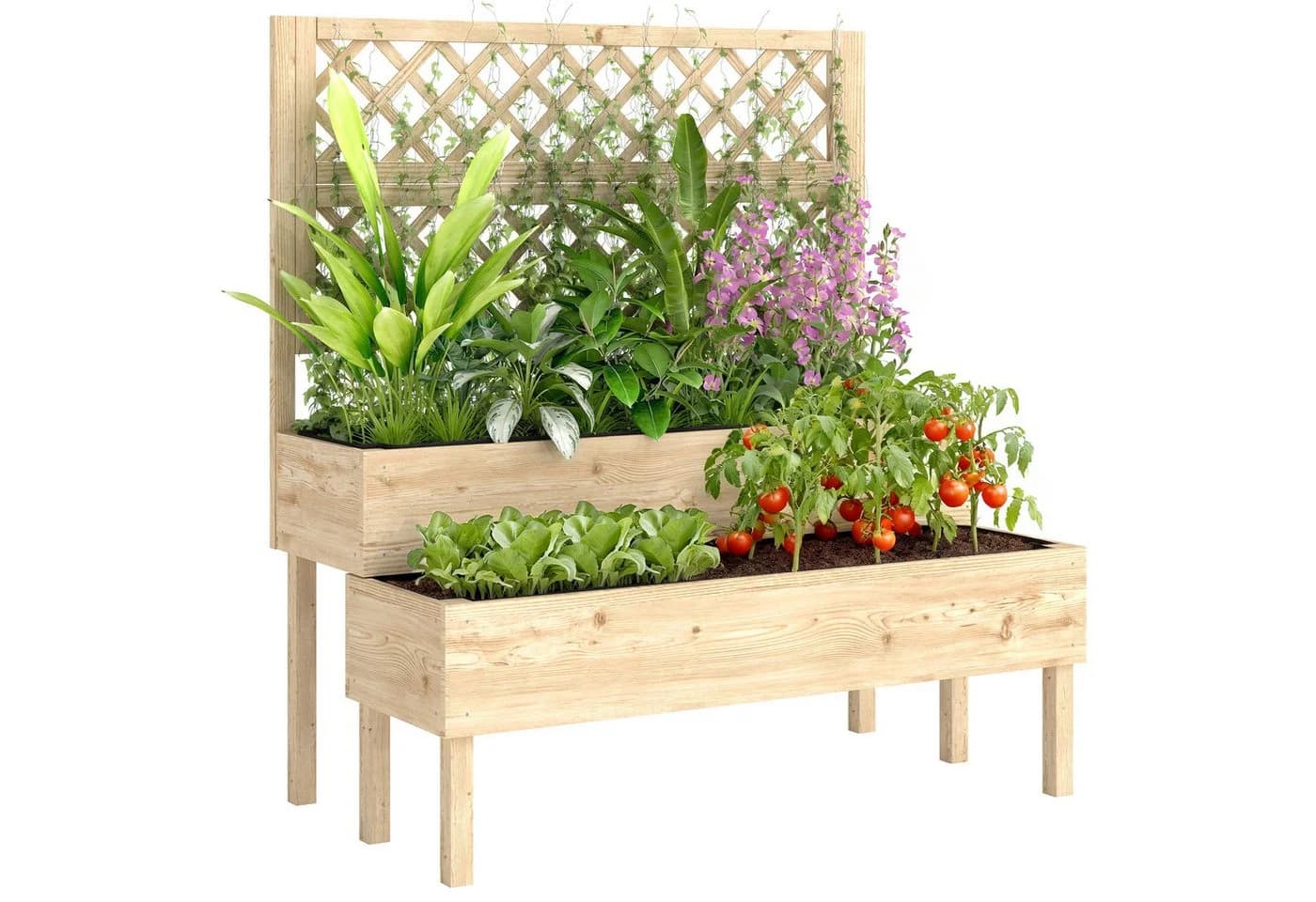 Outsunny Hochbeet mit 2 Pflanzkästen und Rankgitter Naturholz