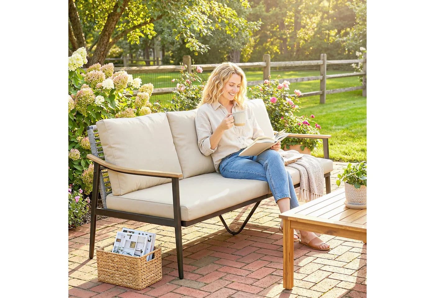 Outsunny Gartensofa 3-Sitzer PE-Rattan Stahlrahmen Khaki Grau - Bild 2