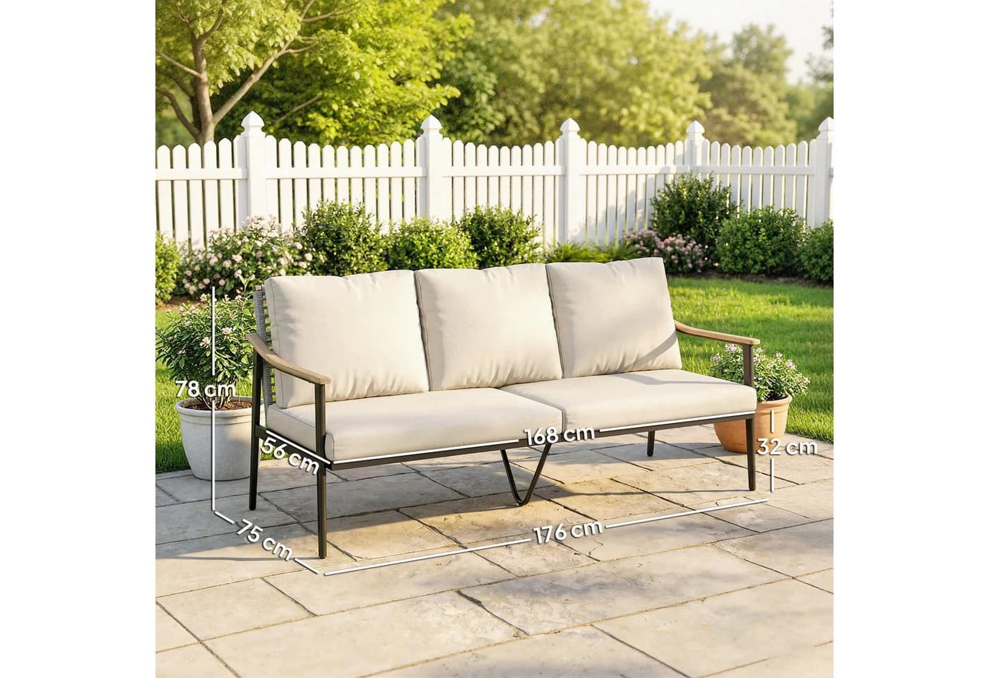 Outsunny Gartensofa 3-Sitzer PE-Rattan Stahlrahmen Khaki Grau - Bild 3