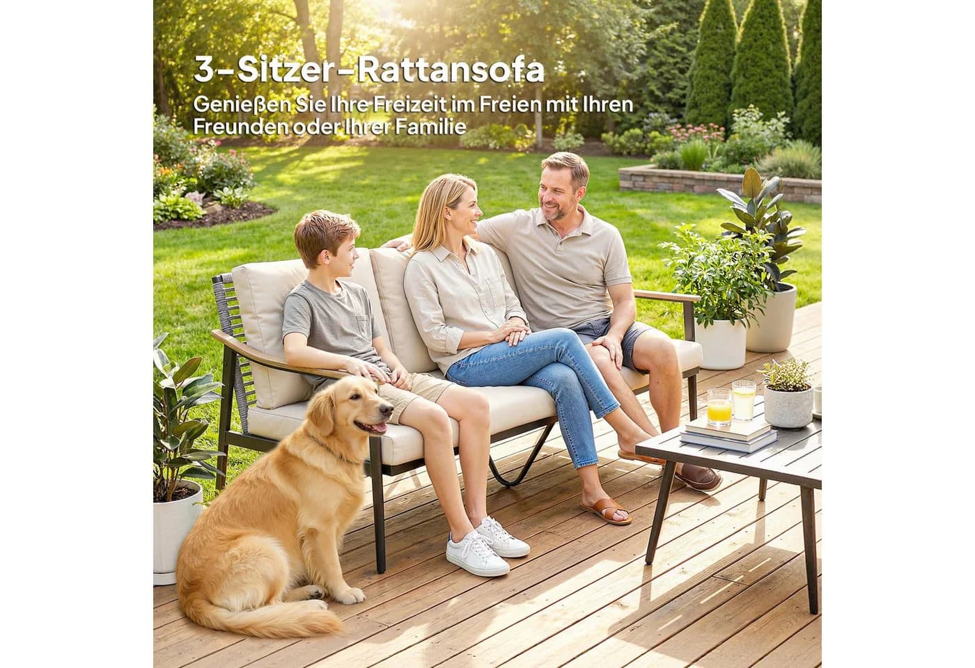 Outsunny Gartensofa 3-Sitzer PE-Rattan Stahlrahmen Khaki Grau - Bild 4