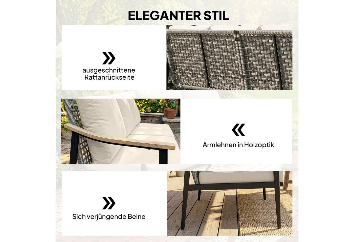 Outsunny Gartensofa 3-Sitzer PE-Rattan Stahlrahmen Khaki Grau - Bild 5