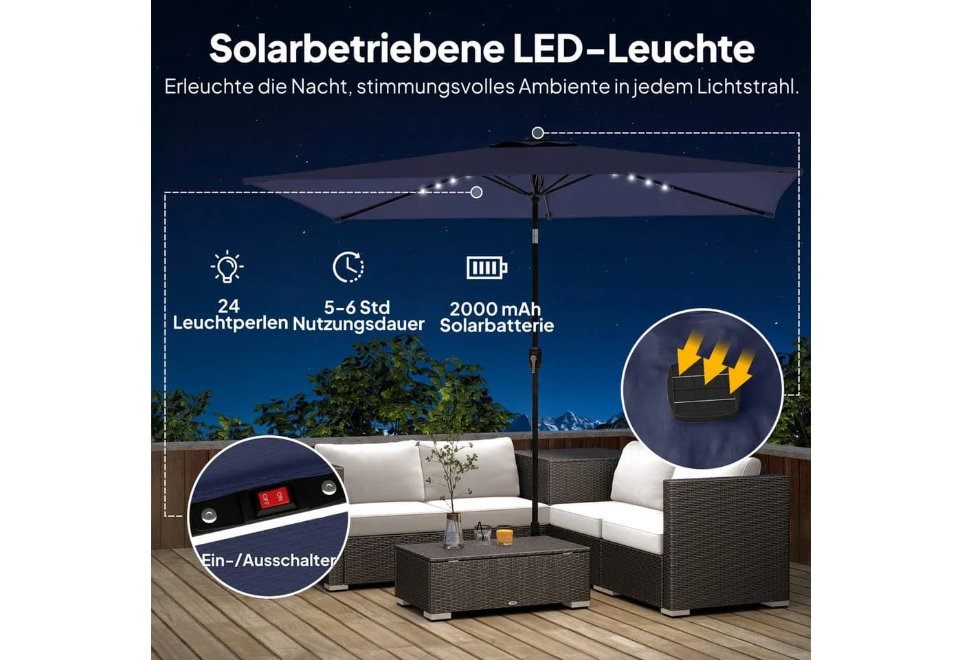 Outsunny Sonnenschirm Marineblau mit LED & Kurbel - Bild 4